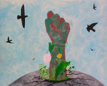 Fist breaking through barren ground, with flowers growing round it and birds circling