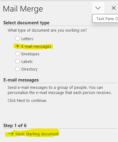 Screenshot showing selecting document type email