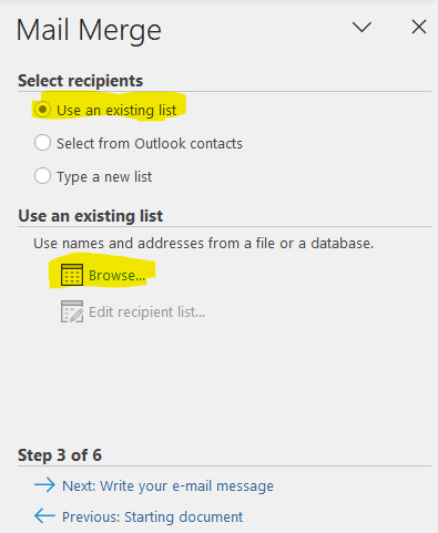 Screenshot showing browse for existing list