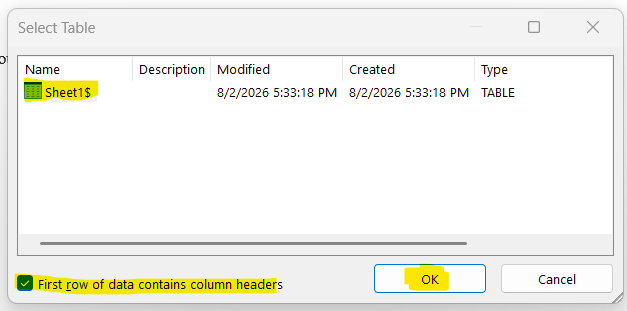 Screenshot of selecting the table