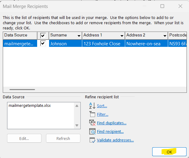 Screenshot showing selecting mail merge recipients