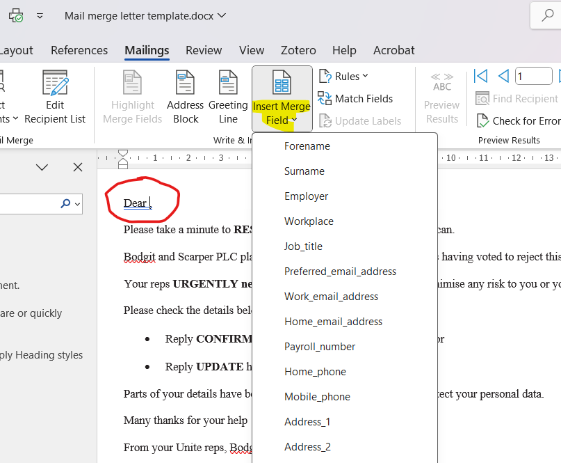 Screenshot: Inserting a merge field