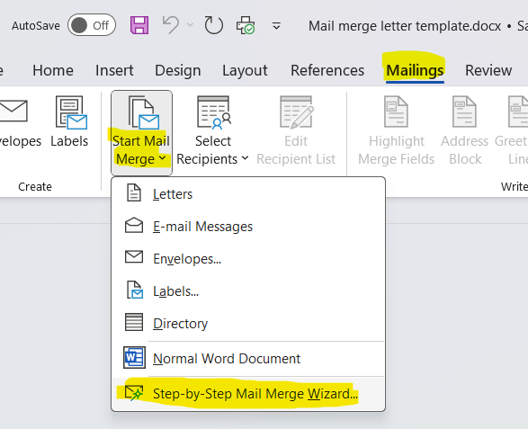 Screenshot of Mailings - Start Mail Merge - Step-by-Step Mail Merge Wizard